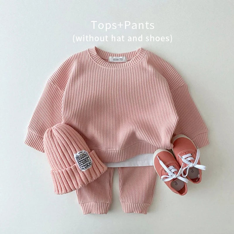 Baby Waffle Cotton Tracksuit Set – Pullover & Pants 2PCS