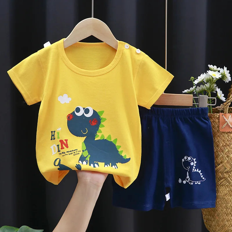 Toddler Cotton Tracksuit: Cartoon Print Tee with Contrast Shorts Set