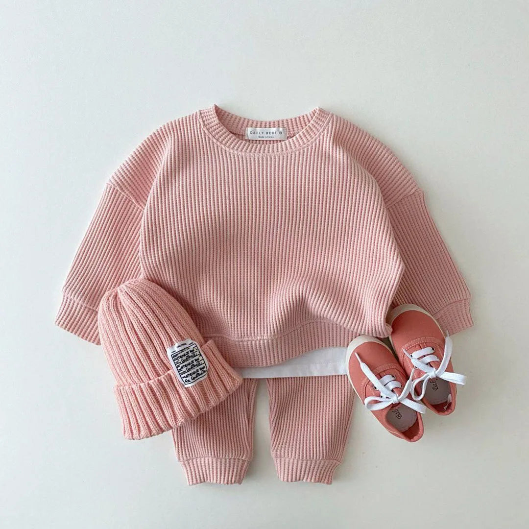 Baby Waffle Cotton Tracksuit Set – Pullover & Pants 2PCS