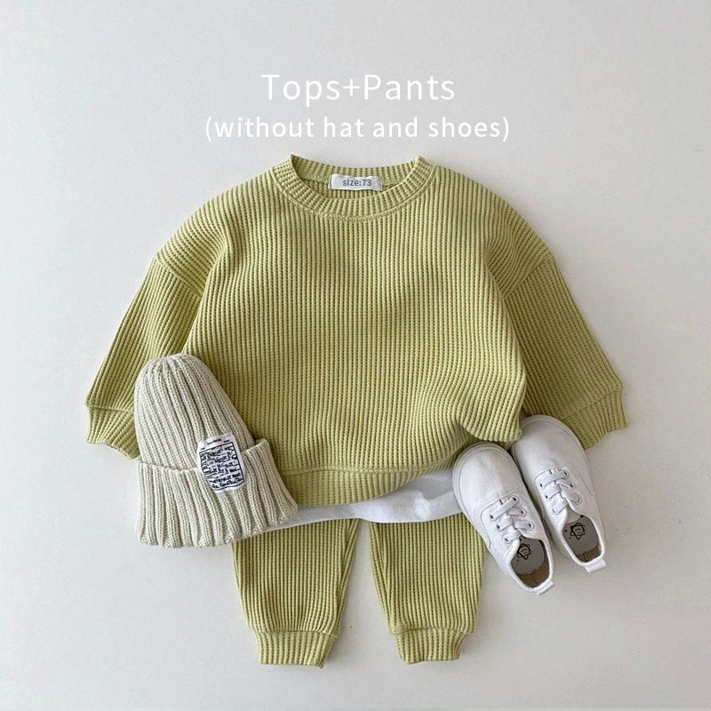 Baby Waffle Cotton Tracksuit Set – Pullover & Pants 2PCS