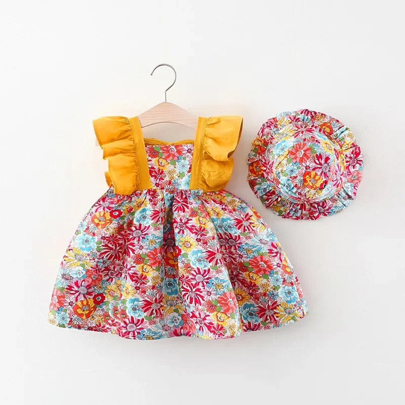 Baby Girl Summer Floral Dress Sleeveless Outfit with Hat 0-3Y