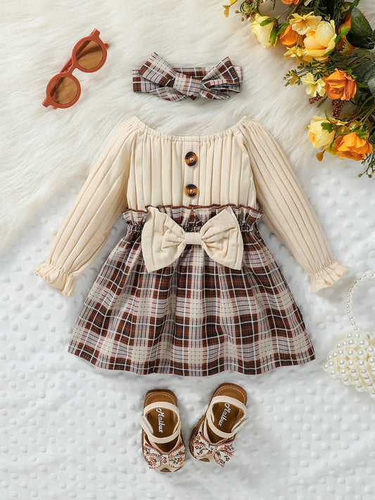 Baby Girl Plaid Dress with Bow – Long Sleeve Autumn