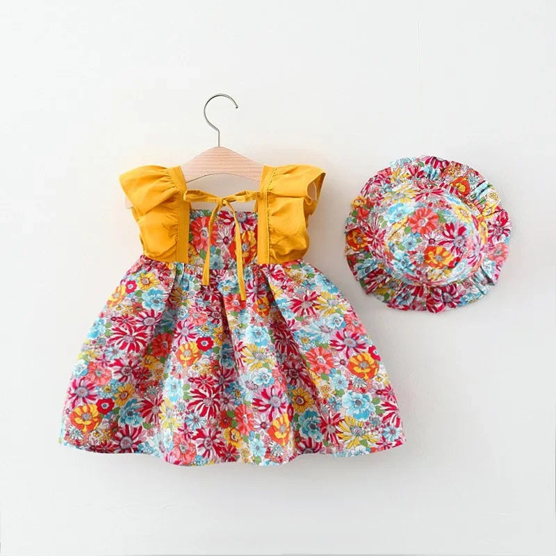 Baby Girl Summer Floral Dress Sleeveless Outfit with Hat 0-3Y