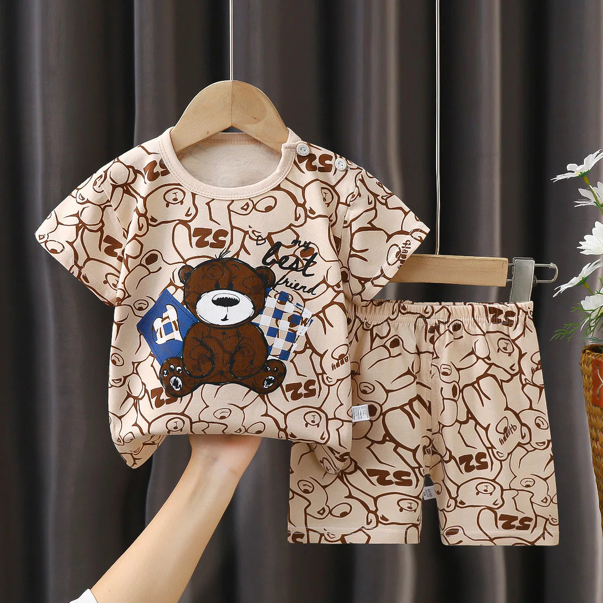 Toddler Cotton Tracksuit: Cartoon Print Tee with Contrast Shorts Set