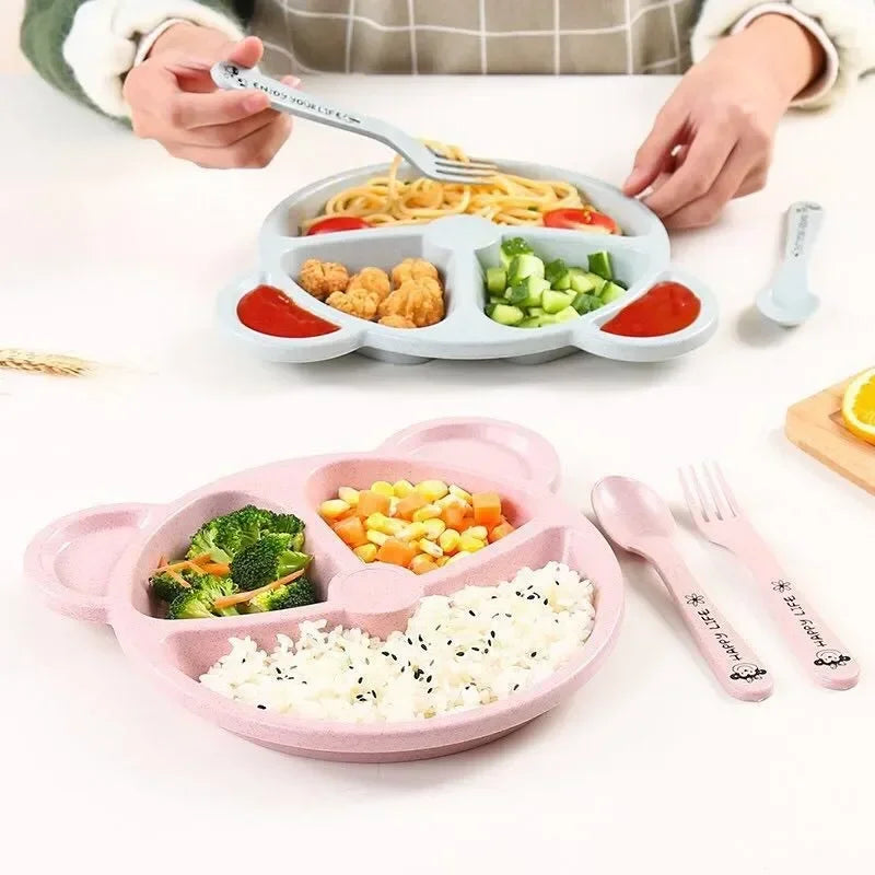 3Pcs Baby Feeding Set with Cartoon Bear Bowl, Spoon, Fork