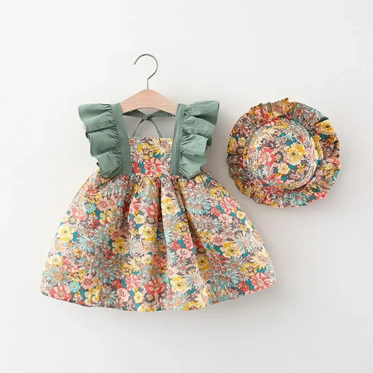 Baby Girl Summer Floral Dress Sleeveless Outfit with Hat 0-3Y